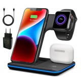 Incarcator Wireless Profesional 3 in 1 BIRAI&reg;, Fast Charger Multifunctional, Incarcare de 15W pentru Telefon, Casti, Smartwatch, Compatibil cu Toate S