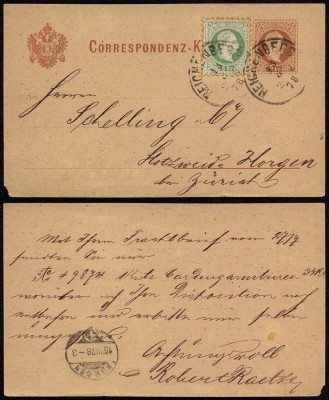 Austria 1878 Old Postcard Uprated Postal Stationery Reichenberg to Zurich DB.293 foto