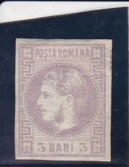 ROMANIA 1868 LP 22 CAROL I CU FAVORITI VALOAREA 3 BANI VIOLET POINCON L.PASCANU foto