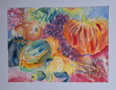 Pictura in acuarela neinramata - fructe si legume, semnata, oct. 2004 18x24 cm foto