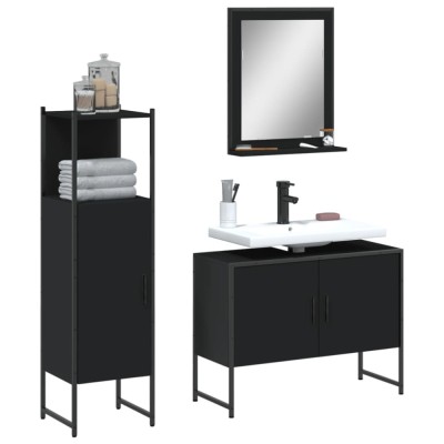 Set dulapuri de baie, 3 piese, negru, lemn prelucrat foto