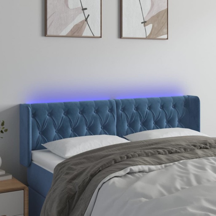 vidaXL Tăblie de pat cu LED, albastru &icirc;nchis, 163x16x78/88 cm, catifea