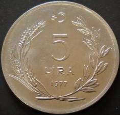Moneda 5 LIRE - TURCIA, anul 1977 *cod 3147 - MODEL MARE / NECIRCULATA foto