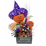 Aranjament floral mic de Halloween cu flori uscate, licheni si figurina tip dovleac (Portocaliu Negru)