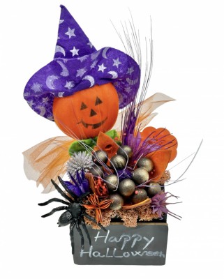 Aranjament floral mic de Halloween cu flori uscate, licheni si figurina tip dovleac (Portocaliu Negru) foto
