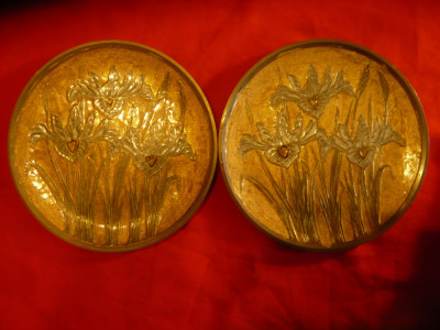 2 Piese ornamentale de perete -bronz pictat email - flori iris ,diametrul 16,6cm foto