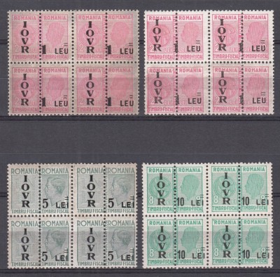 ROMANIA 1944/1947 TIMBRE DE AJUTOR CU SUPRATIPAR IOVR TIMBRE FISCALE DUBLE LOT IN BLOC DE 4 TIMBRE+ABKLATSCH STARE MNH foto