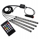 Cumpara ieftin Set 4 benzi LED RGB pentru iluminarea interioara a masinii, cu telecomanda, 8 culori, 12 LED-uri pe banda , efecte luminoase ambientale