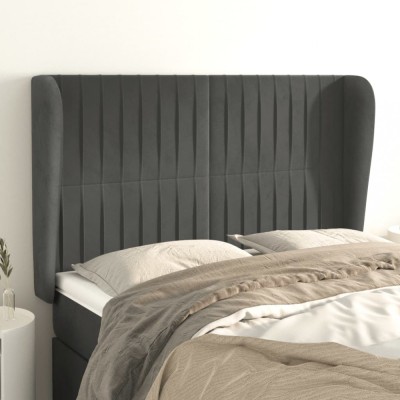 vidaXL Tăblie de pat cu aripioare gri &amp;icirc;nchis 147x23x118/128 cm catifea 3118243 foto