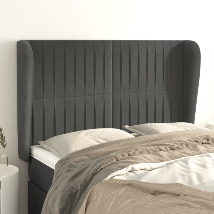 vidaXL Tăblie de pat cu aripioare gri &icirc;nchis 147x23x118/128 cm catifea 3118243