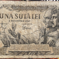 BANCNOTA ROMANIA UNA SUTA LEI 1947/CIRCULATA,VEZI POZE/FILIGRAN BNR..