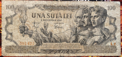 BANCNOTA ROMANIA UNA SUTA LEI 1947/CIRCULATA,VEZI POZE/FILIGRAN BNR.. foto