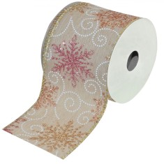 Panglică Decorativă Brad Crăciun, Fulg Glitter, Ecru, Lungime 5m, Lățime 63mm, Poliester