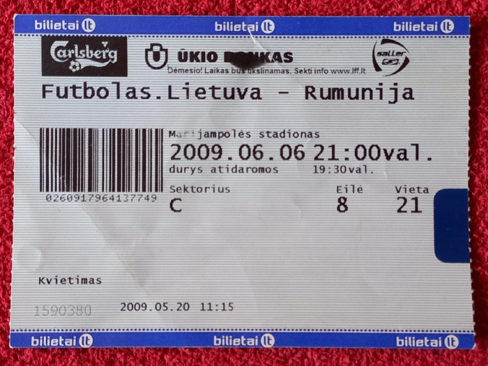 Bilet (rar) meci fotbal LITUANIA - ROMANIA (06.06.2009)