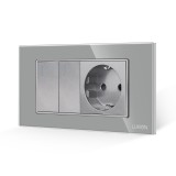 Cumpara ieftin Intrerupator dublu cu priza si rama din sticla Luxion, standard italian, 4M, gri