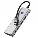 Hub USB-C Tech-Protect HB04, 1 x USB-A 3.0 - 2 x USB-A - 2 x USB-C - 1 x HDMI - 1 x SD - 1 x microSD - 1 x Jack 3.5mm, Gri, Universal