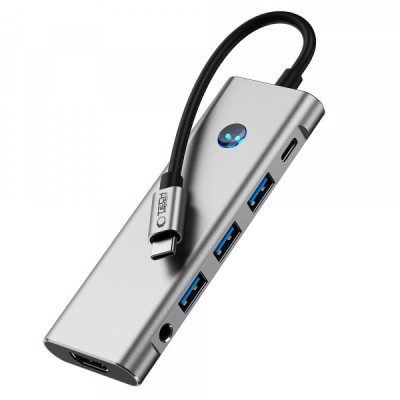 Hub USB-C Tech-Protect HB04, 1 x USB-A 3.0 - 2 x USB-A - 2 x USB-C - 1 x HDMI - 1 x SD - 1 x microSD - 1 x Jack 3.5mm, Gri foto