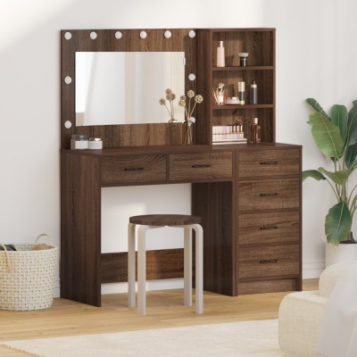 vidaXL Set masă toaletă cu LED, 2 piese, stejar negru, lemn prelucrat foto