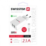 Incarcator Retea cu cablu MicroUSB Swissten Travel, 2 X USB, 2.1A, Alb