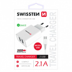 Incarcator Retea cu cablu MicroUSB Swissten Travel, 2 X USB, 2.1A, Alb