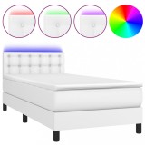 Cumpara ieftin Pat cu arcuri, cu saltea &amp; LED, alb, 90x190 cm, piele ecologica