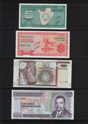 Set Burundi 10 + 20 + 50 + 100 francs franci unc foto