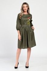 Rochie Medie Dama V310, Pictata manual, Kaki cu model floral - L
