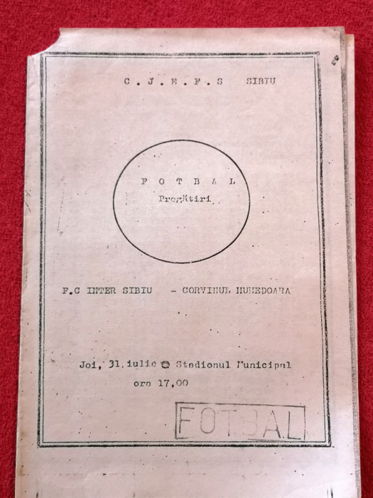 Program meci fotbal FC INTER SIBIU - CORVINUL HUNEDOARA (31.07.1986)