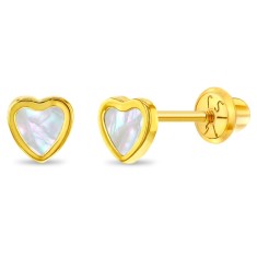 Cercei din Aur 14k in forma de Inima decorata cu Sidef de Perla pentru Bebelusi, Copii Mici si Fetite cu Inchidere Sigura cu Surub