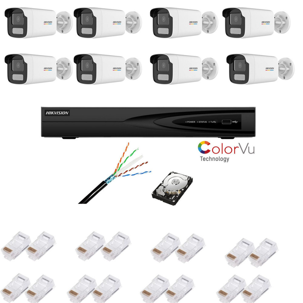 Kit supraveghere IP cu 8 camere ColorVu, 4MP, lentila 4mm, lumina alba 50m,  NVR cu 4 canale IP 4K, accesorii, HIKVISION SafetyGuard Surveillance |  Okazii.ro