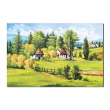 Tablou peisaj din natura cu case taranesti pictat manual, Amintiri din copilarie, 120x80cm ulei pe panza, Constantin Feraru