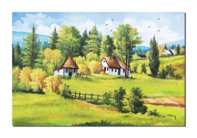 Tablou peisaj din natura cu case taranesti pictat manual, Amintiri din copilarie, 120x80cm ulei pe panza, Constantin Feraru foto