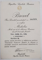 R.S.R. , BREVET DE ACORDARE A MEDALIEI &#039; 30 DE ANI DE LA ELIBERAREA ROMANIEI DE SUB DOMINATIA FASCISTA &#039; , 1974