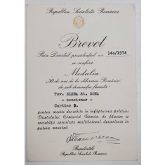 R.S.R. , BREVET DE ACORDARE A MEDALIEI &#039; 30 DE ANI DE LA ELIBERAREA ROMANIEI DE SUB DOMINATIA FASCISTA &#039; , 1974