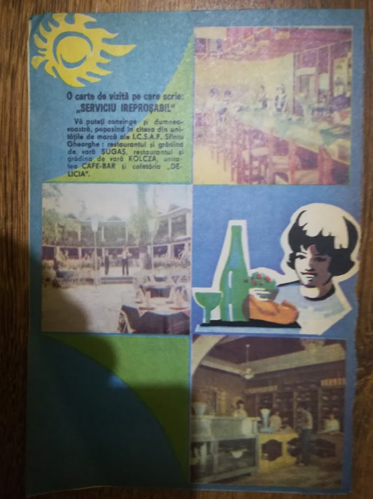 1986 Reclama ICSAP Sf. Gheorghe restaurante comunism Kolcza, SUGAS 24x16,5