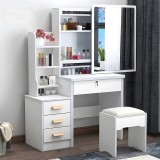 Masa Toaleta Machiaj Alba cu Oglinda LED HAWIRE, Taburet, Sertare si Etajere, Set Complet Modern Cosmetice, Mobilier Femei, 130x40x80cm