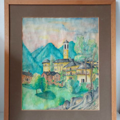 Tablou pictura acuarela peisaj din Lavertezzo Elvetia, semnat, 1983, 57.5x49.5cm