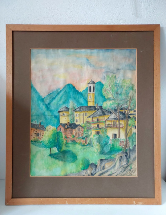 Tablou pictura acuarela peisaj din Lavertezzo Elvetia, semnat, 1983, 57.5x49.5cm