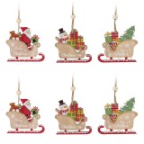 Set Ornamente Crăciun, Moș Crăciun și Om de Zăpadă &icirc;n Sanie, Lemn, Multicolor, 6 Bucăți, 8 cm, Oem