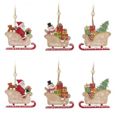 Set Ornamente Crăciun, Moș Crăciun și Om de Zăpadă &icirc;n Sanie, Lemn, Multicolor, 6 Bucăți, 8 cm