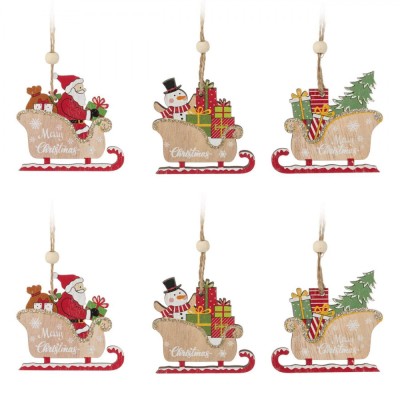 Set Ornamente Crăciun, Moș Crăciun și Om de Zăpadă &amp;icirc;n Sanie, Lemn, Multicolor, 6 Bucăți, 8 cm foto