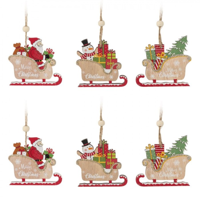 Set Ornamente Crăciun, Moș Crăciun și Om de Zăpadă &icirc;n Sanie, Lemn, Multicolor, 6 Bucăți, 8 cm