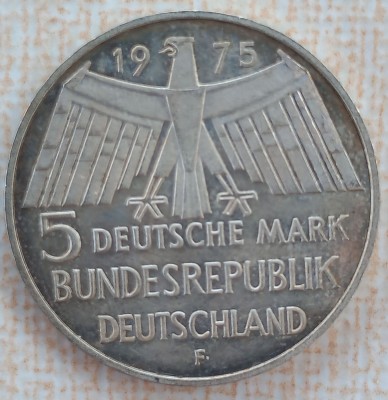 (A446) MONEDA DIN ARGINT GERMANIA - 5 MARK 1975, LIT. F, PROTECTIA MONUMENTELOR foto