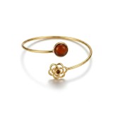 Bratara Fixa din Argint 925 Placata cu Aur, Decorata cu Floare Stilizata si Chihlimbar Natural Cognac
