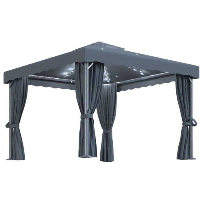 Pavilion cu perdele &amp; siruri lumini LED, antracit, 3x3 m