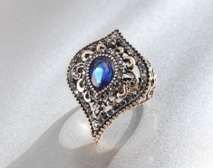 Inel regal oriental superb tribal masiv piatra albastru safir cristale zirconia foto