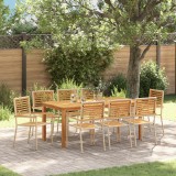 Set dining grădină vidaXL cu 9 piese Bej Poli Rattan Acacia, Scaune grădină stivuibile vidaXL cu perne - Set de 2 &icirc;n Poli Rattan Bej