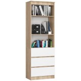 Biblioteca, placa laminata, 3 sertare, 3 rafturi, stejar si alb, 60x35x180 cm, Akord