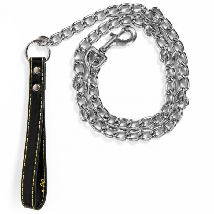 Lesă C&acirc;ine, Model Crom, M&acirc;ner Piele Artificială, Lungime 120 cm, Lățime Lanț 3 cm, Capacitate Greutate 80 kg, Negru/Roșu