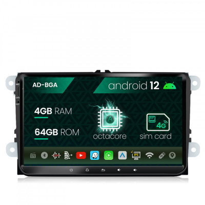 Navigatie Volkswagen, Skoda, Seat, Android 12, A-Octacore 4GB RAM + 64GB ROM, 9 Inch - AD-BGAW9AC foto